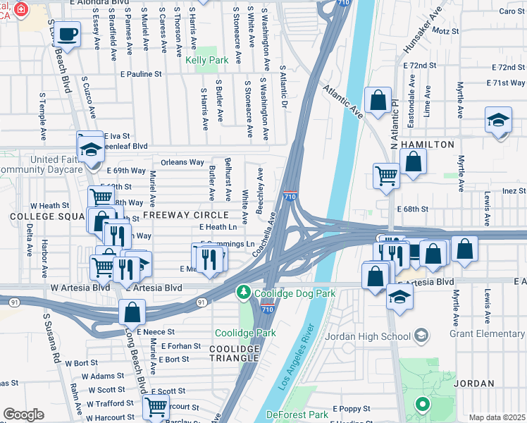 map of restaurants, bars, coffee shops, grocery stores, and more near 6820 Beechley Avenue in Long Beach