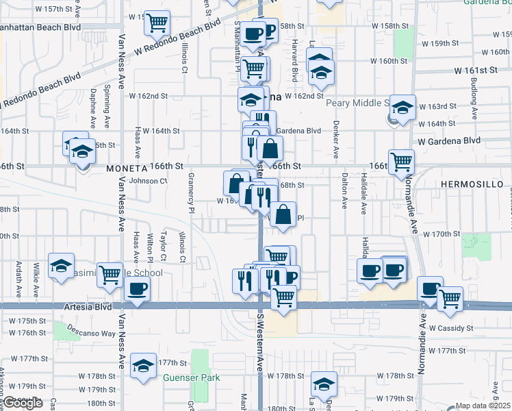 map of restaurants, bars, coffee shops, grocery stores, and more near 16921 South Western Avenue in Gardena
