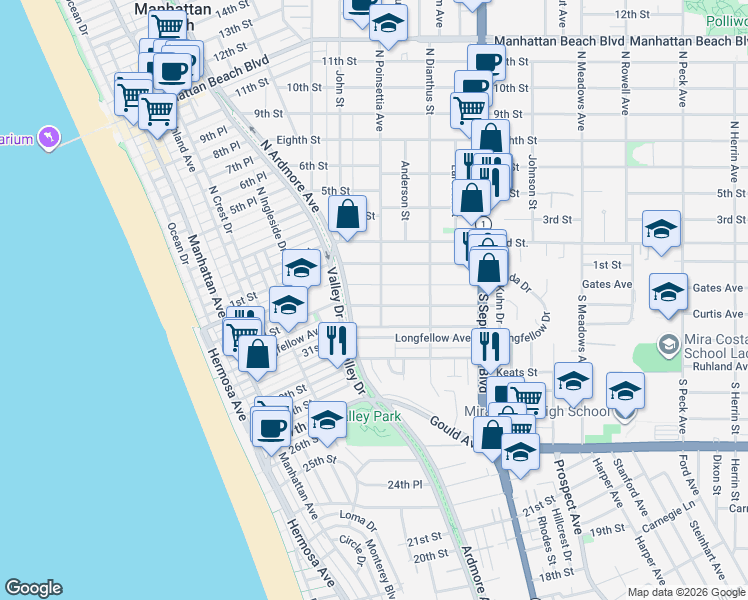 map of restaurants, bars, coffee shops, grocery stores, and more near 215 South Poinsettia Avenue in Manhattan Beach
