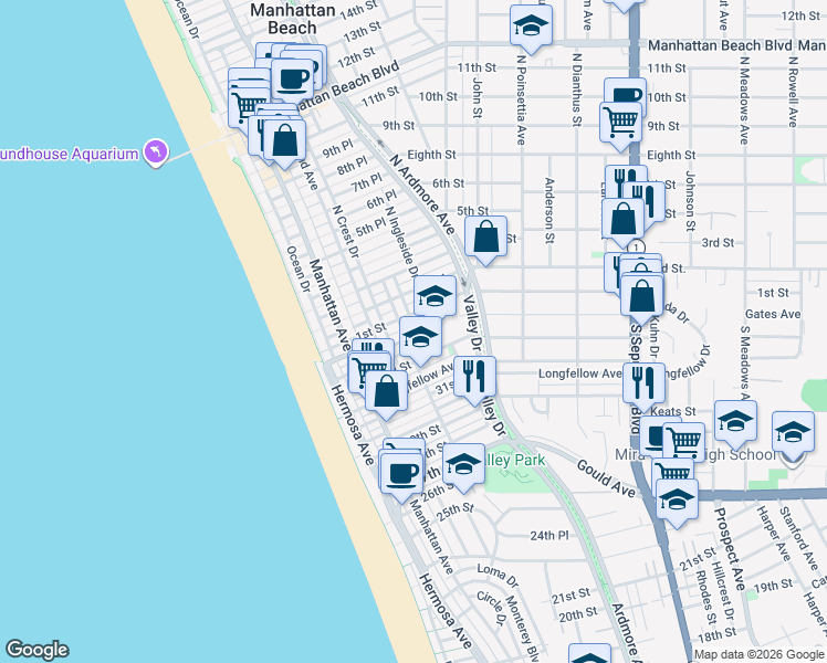 map of restaurants, bars, coffee shops, grocery stores, and more near 80 Morningside Drive in Manhattan Beach
