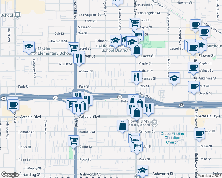 map of restaurants, bars, coffee shops, grocery stores, and more near 9226 Park Street in Bellflower