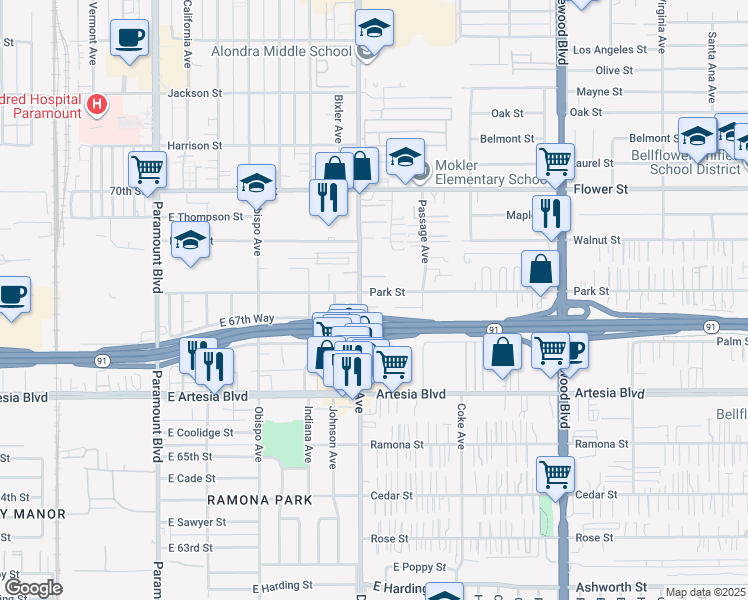map of restaurants, bars, coffee shops, grocery stores, and more near 17118 Downey Avenue in Bellflower