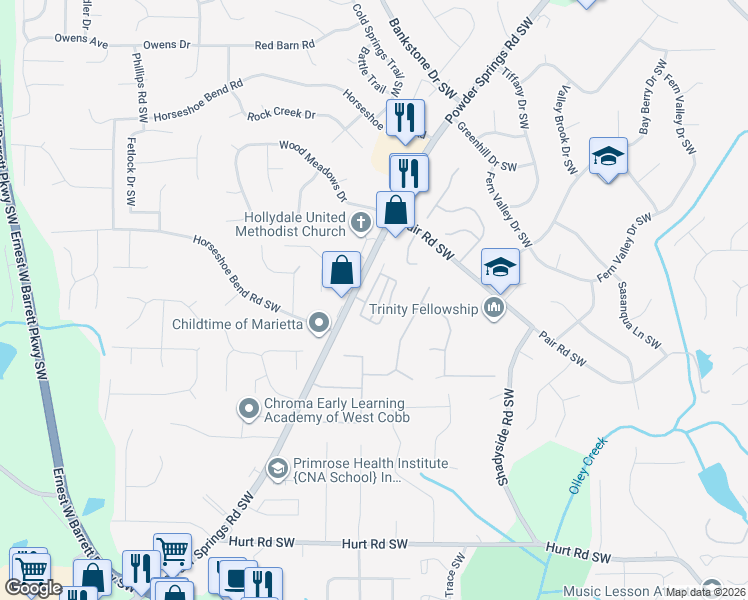 map of restaurants, bars, coffee shops, grocery stores, and more near 2375 Powder Springs Road Southwest in Marietta
