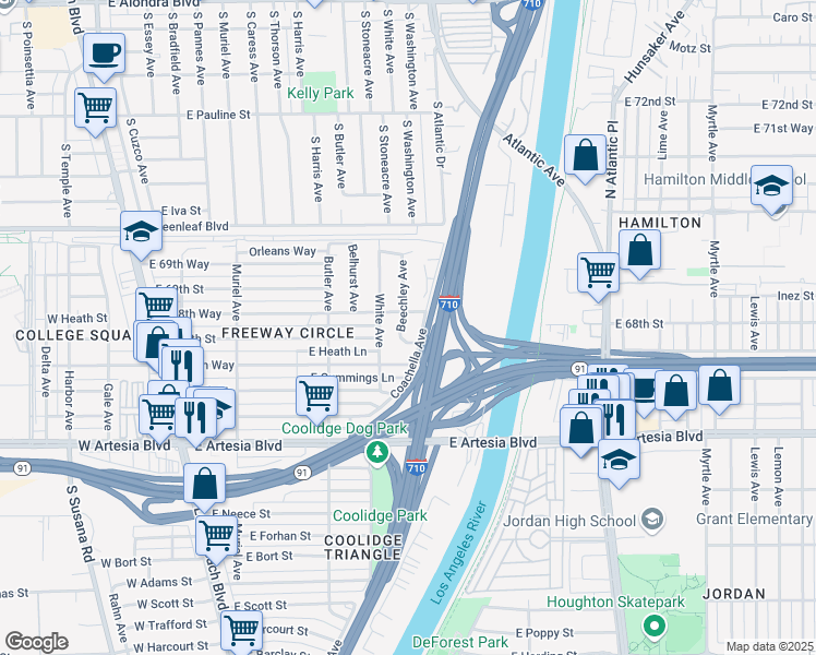 map of restaurants, bars, coffee shops, grocery stores, and more near 6820 Beechley Avenue in Long Beach