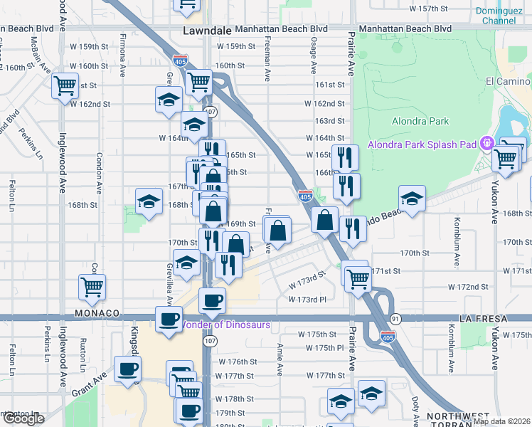map of restaurants, bars, coffee shops, grocery stores, and more near 16811 Freeman Avenue in Lawndale