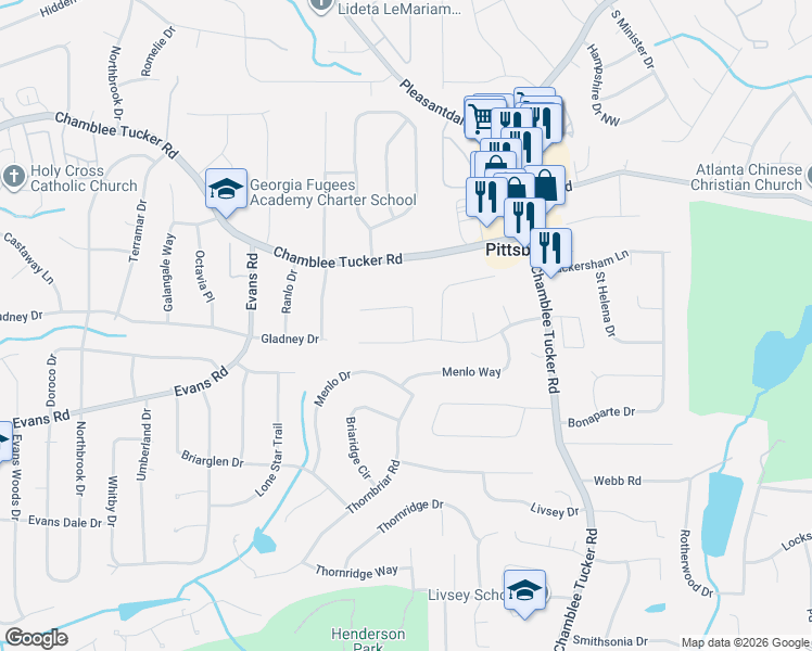 map of restaurants, bars, coffee shops, grocery stores, and more near 4139 Gladney Drive in Atlanta