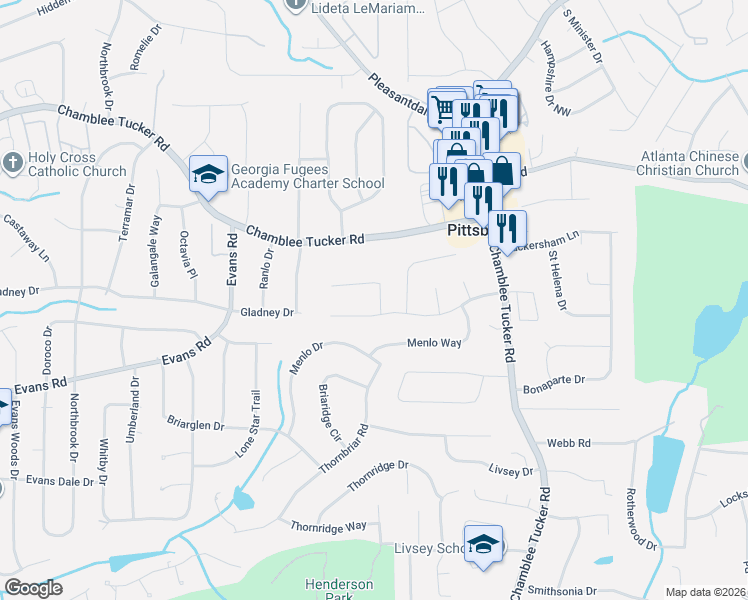 map of restaurants, bars, coffee shops, grocery stores, and more near 4139 Gladney Drive in Atlanta