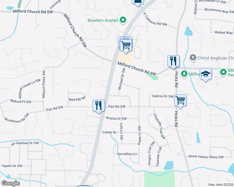 map of restaurants, bars, coffee shops, grocery stores, and more near 1163 Byers Drive Southwest in Marietta