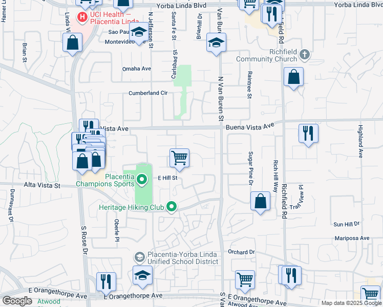 map of restaurants, bars, coffee shops, grocery stores, and more near 17200 Growers Circle in Yorba Linda