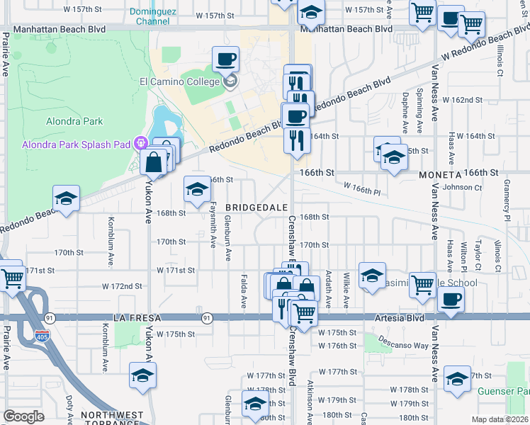 map of restaurants, bars, coffee shops, grocery stores, and more near 16725 Elgar Avenue in Torrance