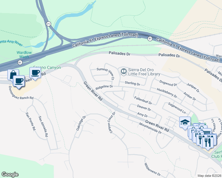 map of restaurants, bars, coffee shops, grocery stores, and more near 3541 Doe Spring Road in Corona