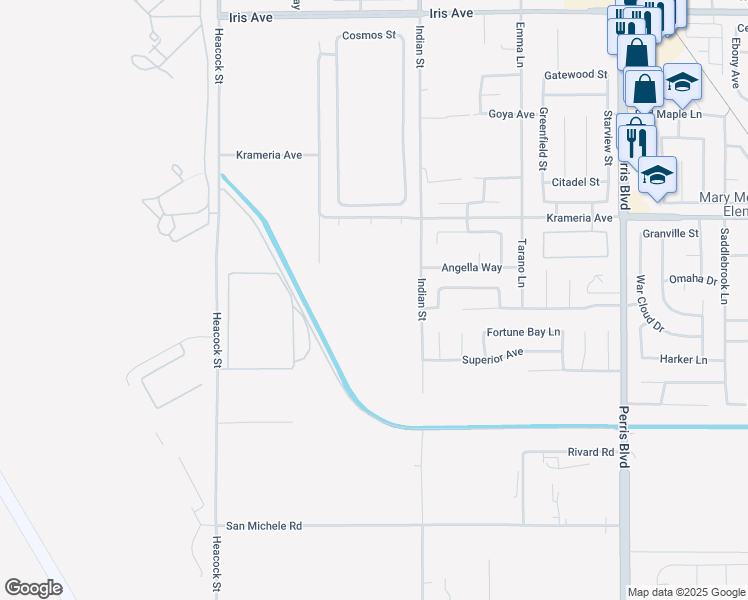 map of restaurants, bars, coffee shops, grocery stores, and more near 24400 Krameria Avenue in Moreno Valley