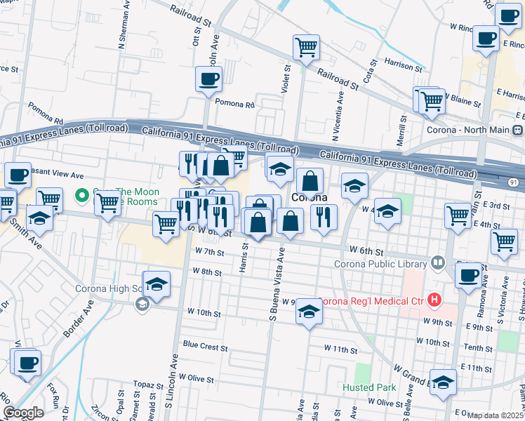 map of restaurants, bars, coffee shops, grocery stores, and more near 950 West 5th Street in Corona