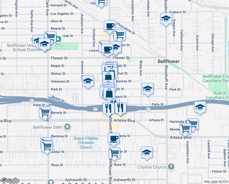 map of restaurants, bars, coffee shops, grocery stores, and more near 17138 Bellflower Boulevard in Bellflower
