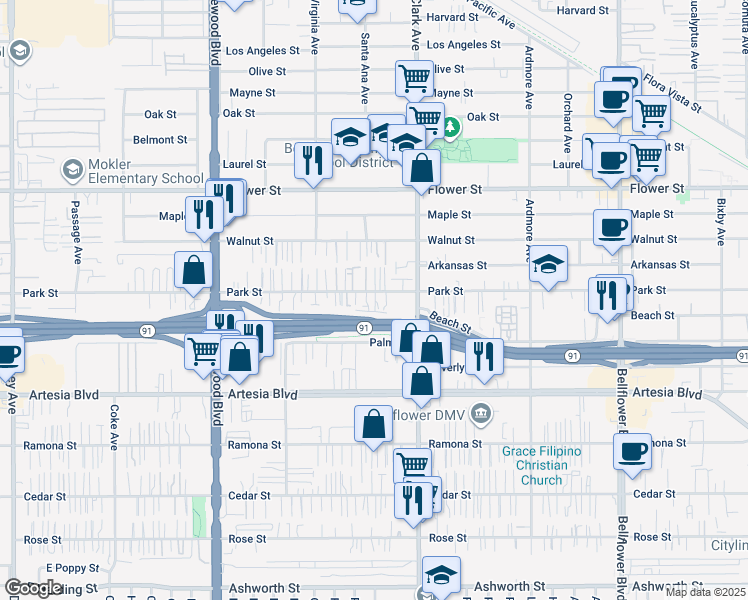 map of restaurants, bars, coffee shops, grocery stores, and more near 9324 Park Street in Bellflower