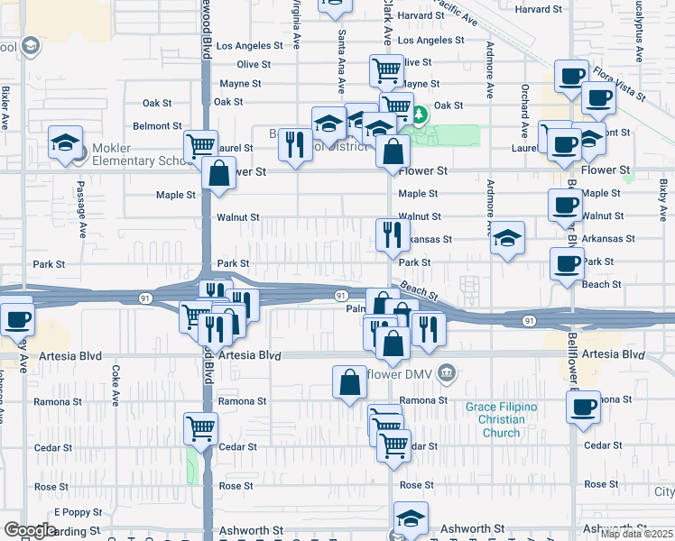 map of restaurants, bars, coffee shops, grocery stores, and more near 9226 Park Street in Bellflower