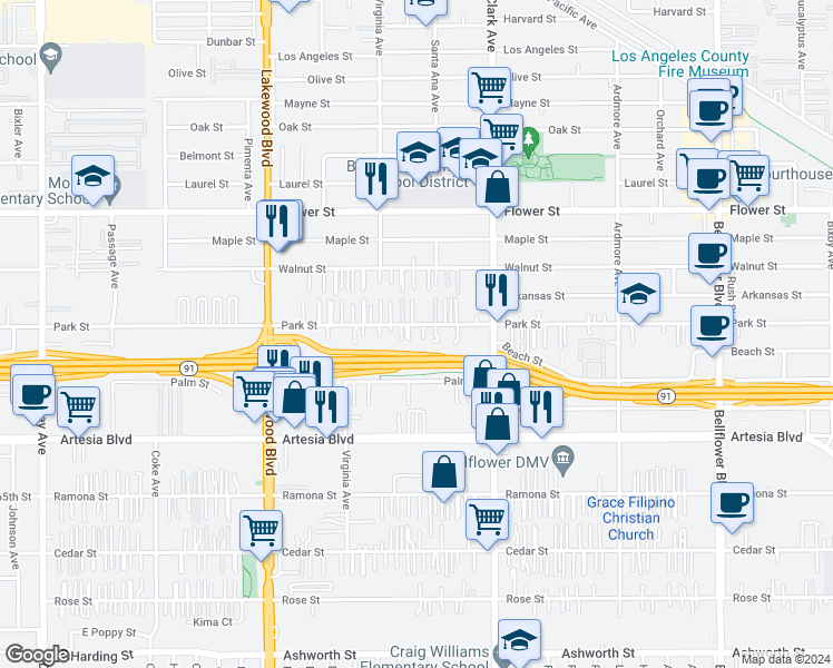 map of restaurants, bars, coffee shops, grocery stores, and more near 9226 Park Street in Bellflower