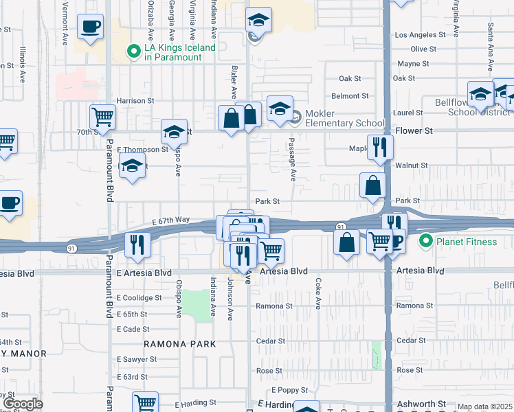 map of restaurants, bars, coffee shops, grocery stores, and more near 17118 Downey Avenue in Bellflower