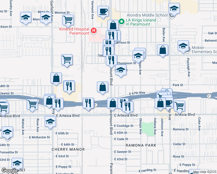 map of restaurants, bars, coffee shops, grocery stores, and more near 2644 East 68th Street in Long Beach