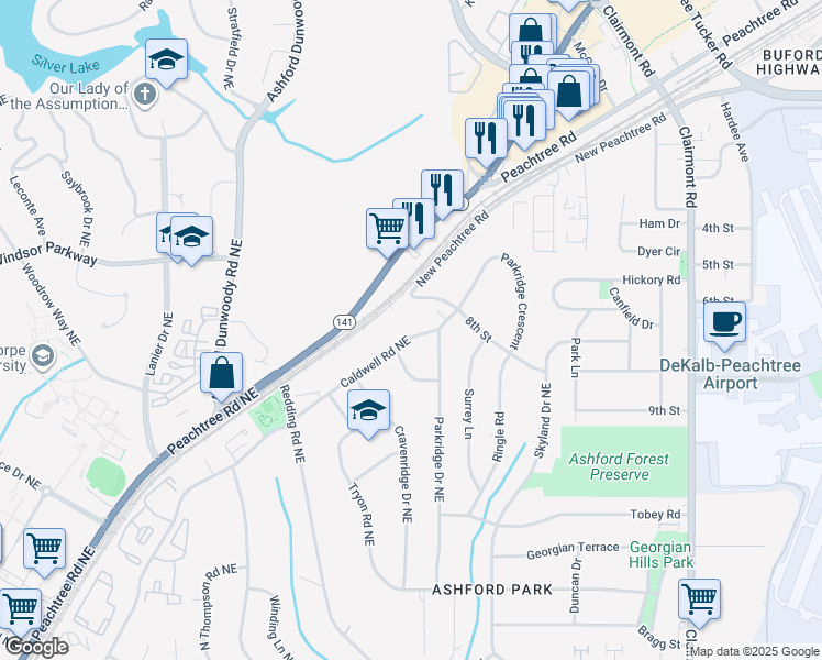 map of restaurants, bars, coffee shops, grocery stores, and more near 3170 Caldwell Road Northeast in Atlanta