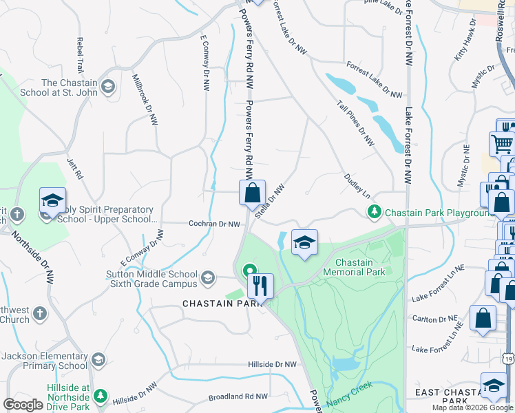 map of restaurants, bars, coffee shops, grocery stores, and more near 4500 Stella Drive Northwest in Atlanta
