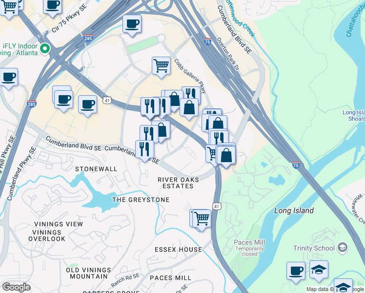 map of restaurants, bars, coffee shops, grocery stores, and more near 3300 Riverwood Parkway in Atlanta