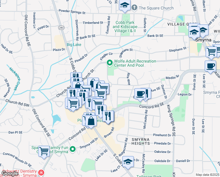 map of restaurants, bars, coffee shops, grocery stores, and more near 3103 Reeves Street in Smyrna