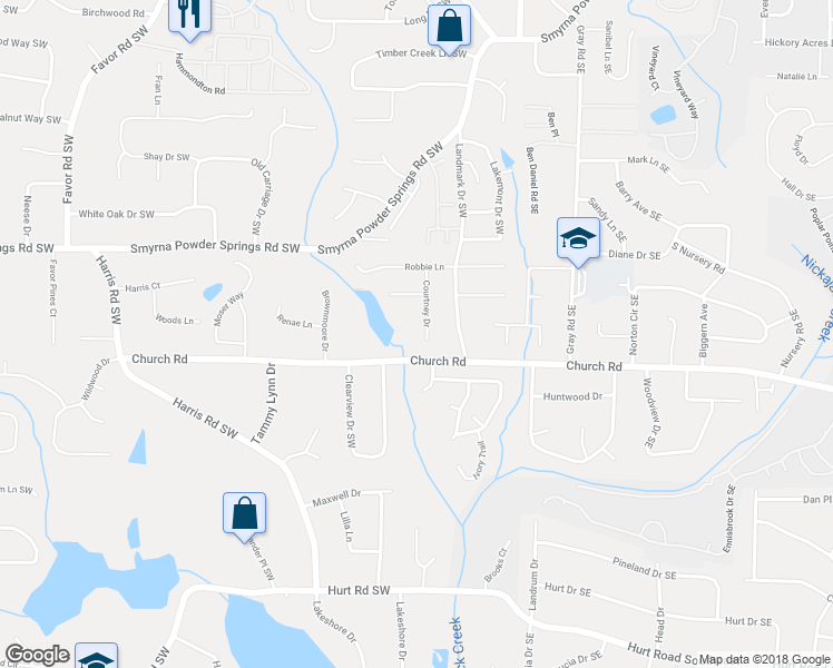 map of restaurants, bars, coffee shops, grocery stores, and more near 3038 Courtney Drive in Marietta