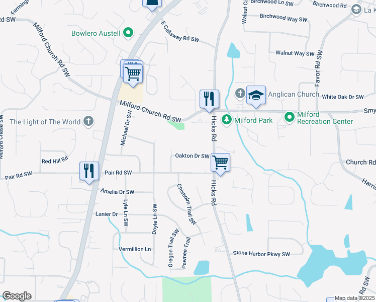 map of restaurants, bars, coffee shops, grocery stores, and more near 980 Oakton Drive Southwest in Marietta