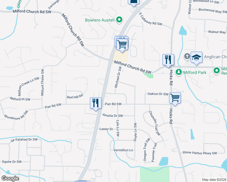 map of restaurants, bars, coffee shops, grocery stores, and more near 1163 Byers Drive Southwest in Marietta