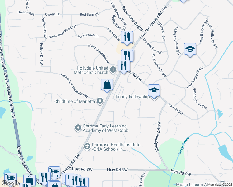 map of restaurants, bars, coffee shops, grocery stores, and more near 2375 Powder Springs Road Southwest in Marietta