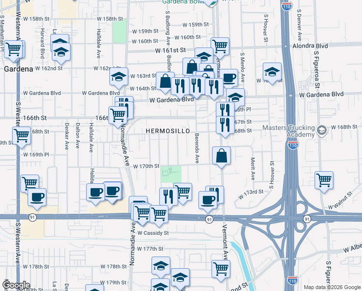map of restaurants, bars, coffee shops, grocery stores, and more near 16828 South Budlong Avenue in Gardena