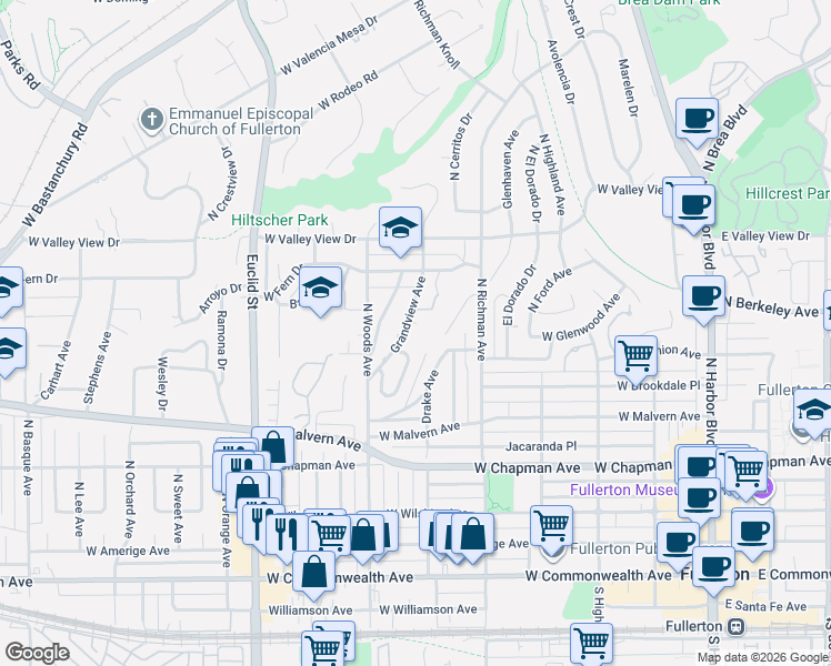 map of restaurants, bars, coffee shops, grocery stores, and more near 816 Grandview Avenue in Fullerton