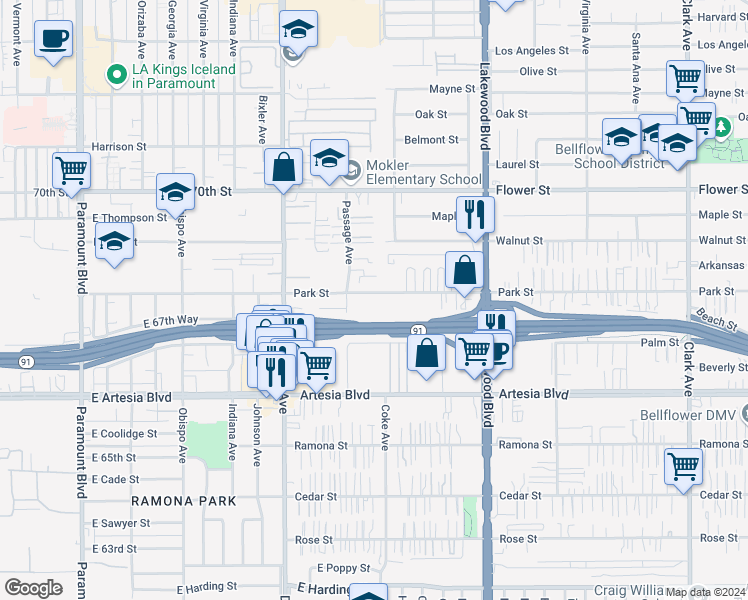 map of restaurants, bars, coffee shops, grocery stores, and more near in Bellflower