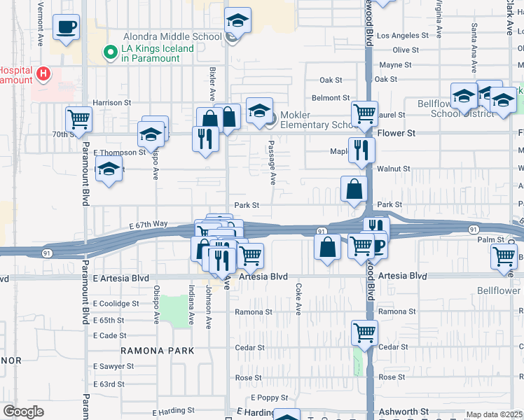 map of restaurants, bars, coffee shops, grocery stores, and more near in Bellflower