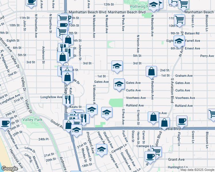 map of restaurants, bars, coffee shops, grocery stores, and more near 1357 Curtis Avenue in Manhattan Beach