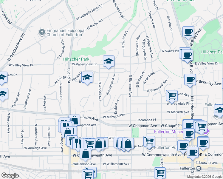 map of restaurants, bars, coffee shops, grocery stores, and more near 816 Grandview Avenue in Fullerton