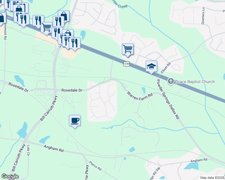 map of restaurants, bars, coffee shops, grocery stores, and more near 61 Lamborne Court in Hiram