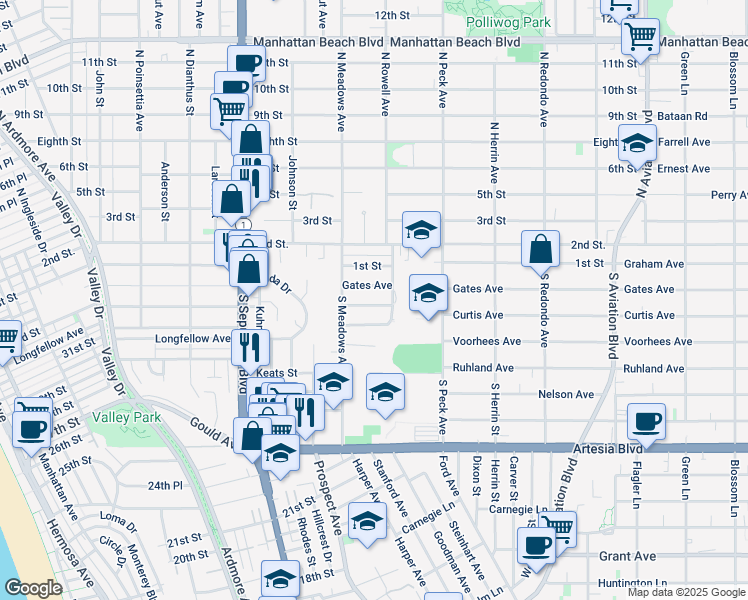 map of restaurants, bars, coffee shops, grocery stores, and more near 1337 Curtis Avenue in Manhattan Beach