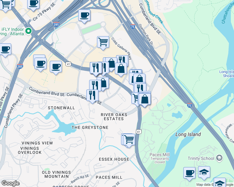map of restaurants, bars, coffee shops, grocery stores, and more near 3350 Riverwood Parkway in Atlanta
