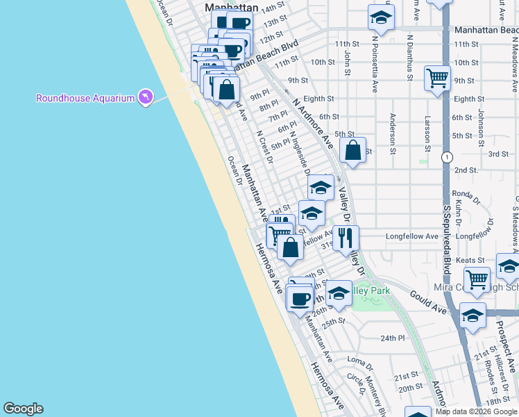 map of restaurants, bars, coffee shops, grocery stores, and more near 132 2nd Street in Manhattan Beach
