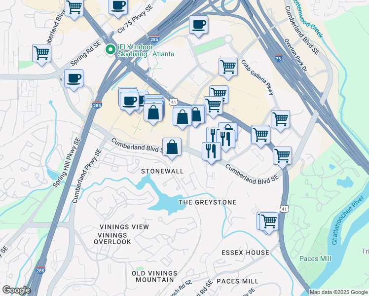 map of restaurants, bars, coffee shops, grocery stores, and more near Cumberland Boulevard Southeast in Atlanta