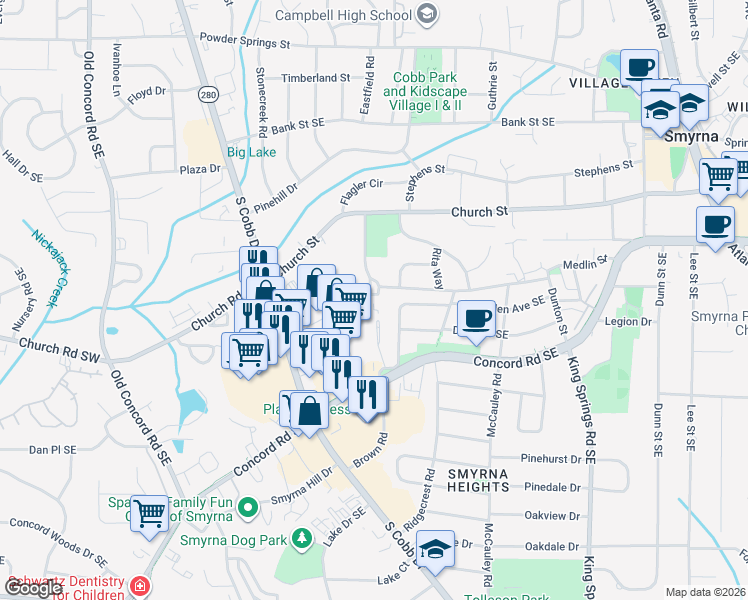 map of restaurants, bars, coffee shops, grocery stores, and more near 3107 Reeves Street in Smyrna