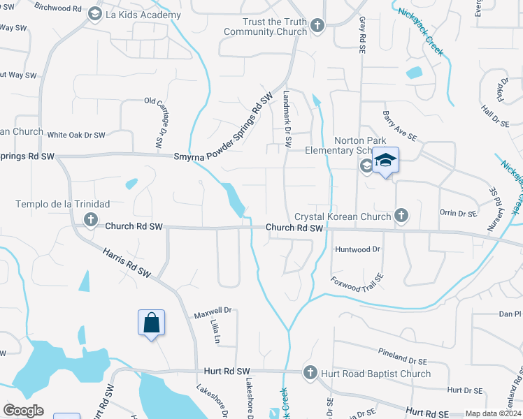 map of restaurants, bars, coffee shops, grocery stores, and more near 3038 Courtney Drive in Marietta