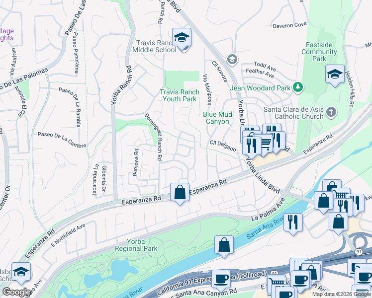 map of restaurants, bars, coffee shops, grocery stores, and more near 21380 Vía Del Gavilan in Yorba Linda