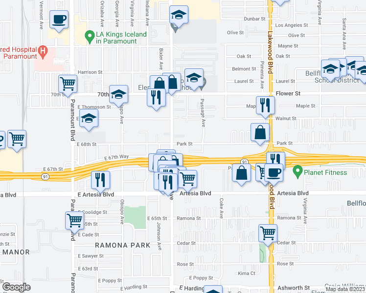 map of restaurants, bars, coffee shops, grocery stores, and more near 8524 Park Street in Bellflower