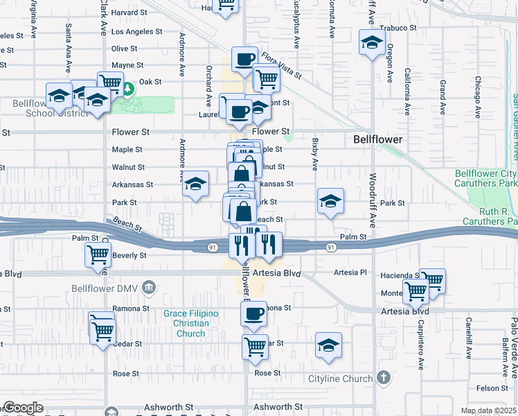map of restaurants, bars, coffee shops, grocery stores, and more near 17138 Bellflower Boulevard in Bellflower