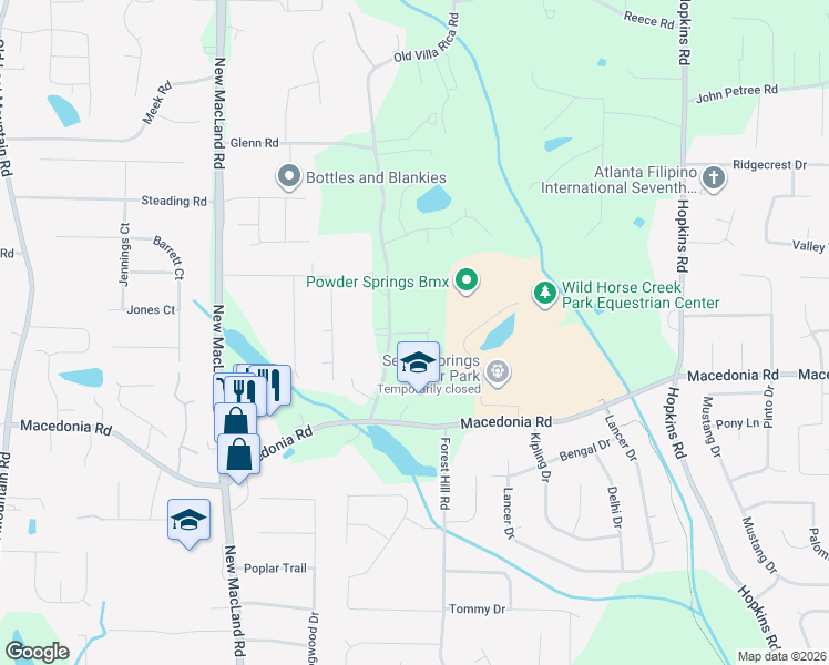 map of restaurants, bars, coffee shops, grocery stores, and more near 3929 Bagley Forest Drive in Powder Springs