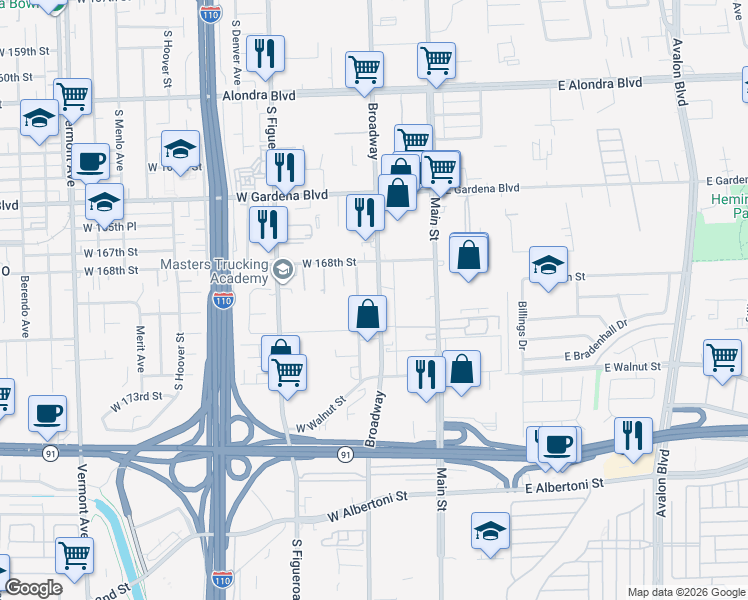 map of restaurants, bars, coffee shops, grocery stores, and more near 16911 South Broadway in Gardena