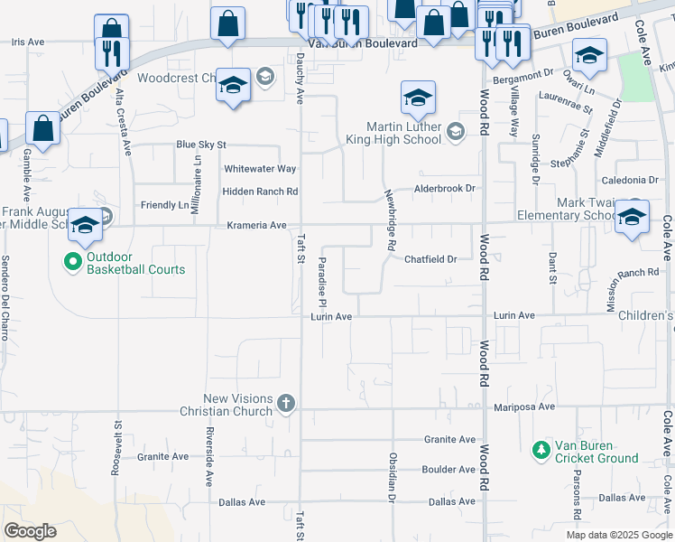 map of restaurants, bars, coffee shops, grocery stores, and more near 9503 Orleans Avenue in Riverside